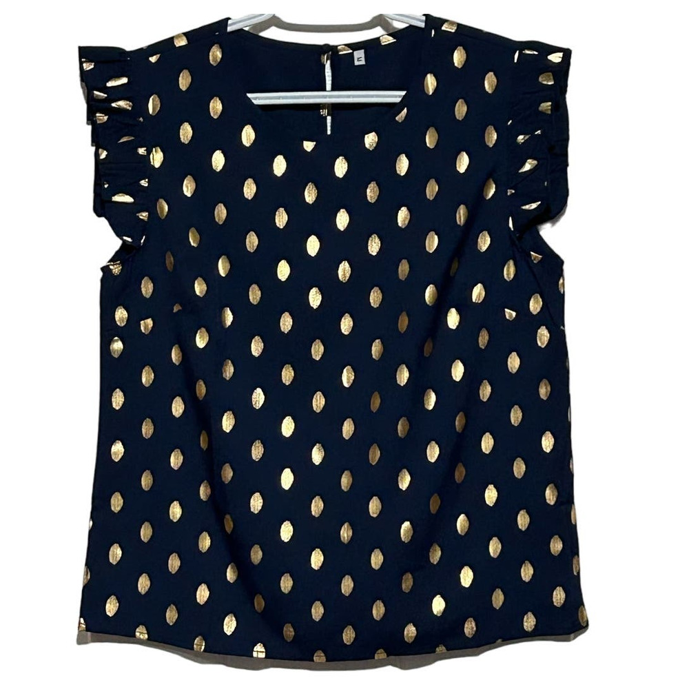 Unknown Brand Women's Blue Short Sleeve Blouse‎ Gold Leaves Size M
